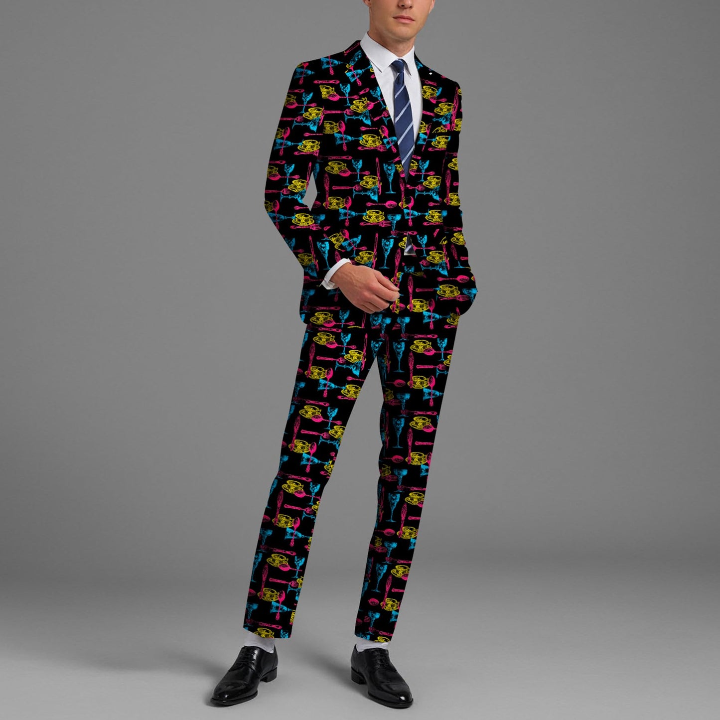 BYBNOLL Men’s Suit 2 Pieces Tuxedo Suit Set Notch Lapel Pattern Printing Jacket Pants for Party Wedding Prom Black Yellow