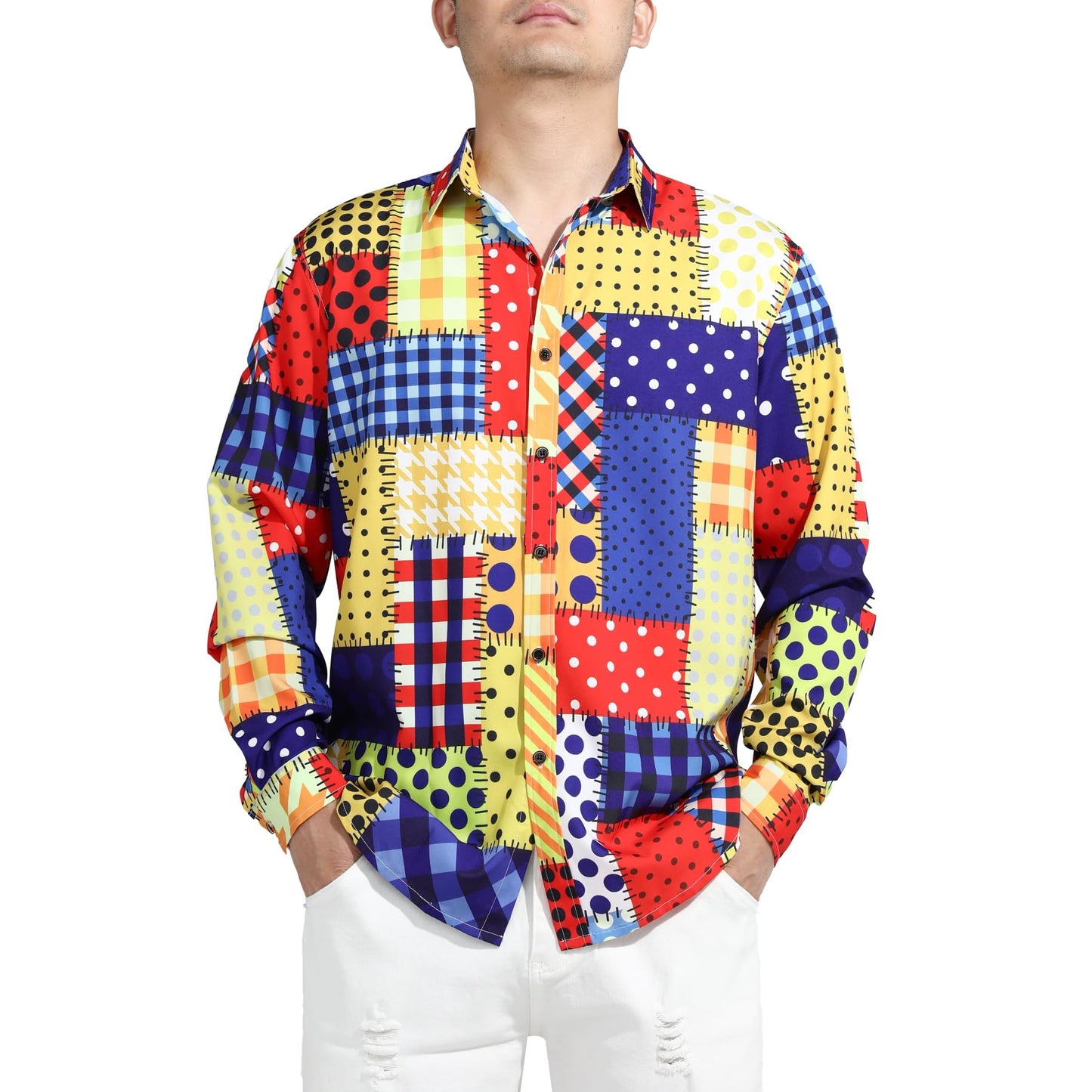 BYBNOLL Men's Casual Shirt Printed Long Sleeve Lapel Trendy Formal Business Comfortable Skin-Friendly Button Down Shirt