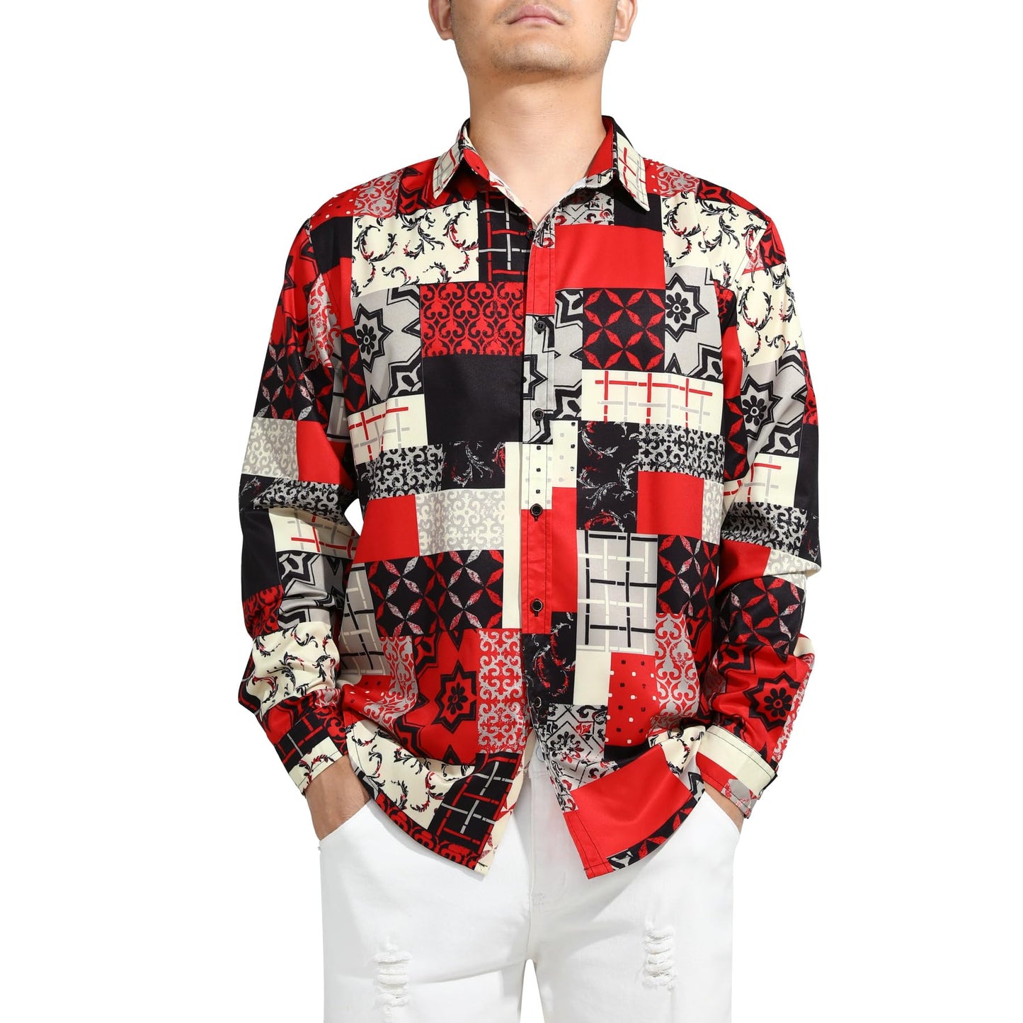 BYBNOLL Men's Casual Shirt Printed Long Sleeve Lapel Trendy Formal Business Comfortable Skin-Friendly Button Down Shirt Red Plaid