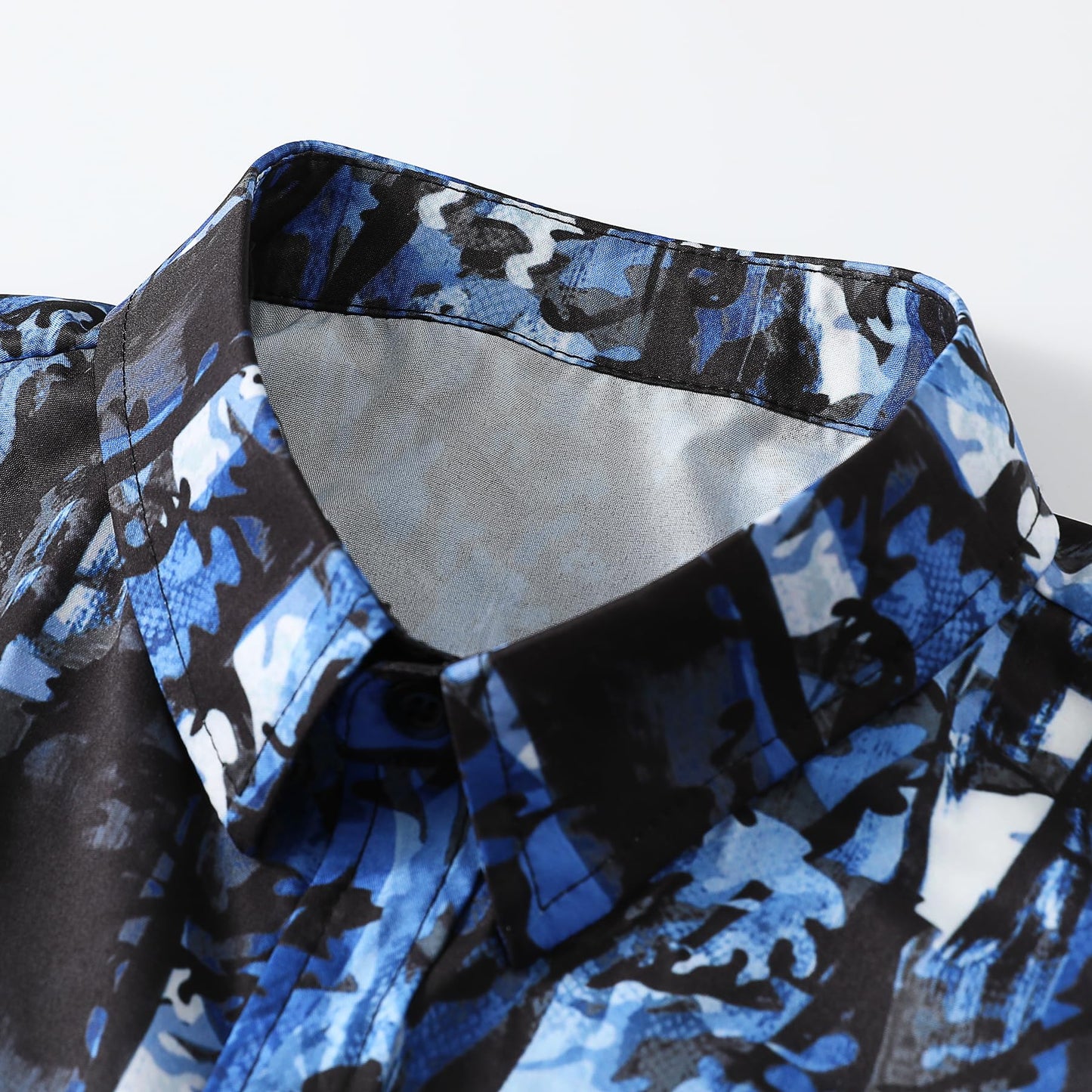 BYBNOLL Men's Casual Shirt Printed Long Sleeve Lapel Trendy Formal Business Comfortable Skin-Friendly Button Down Shirt Black Blue