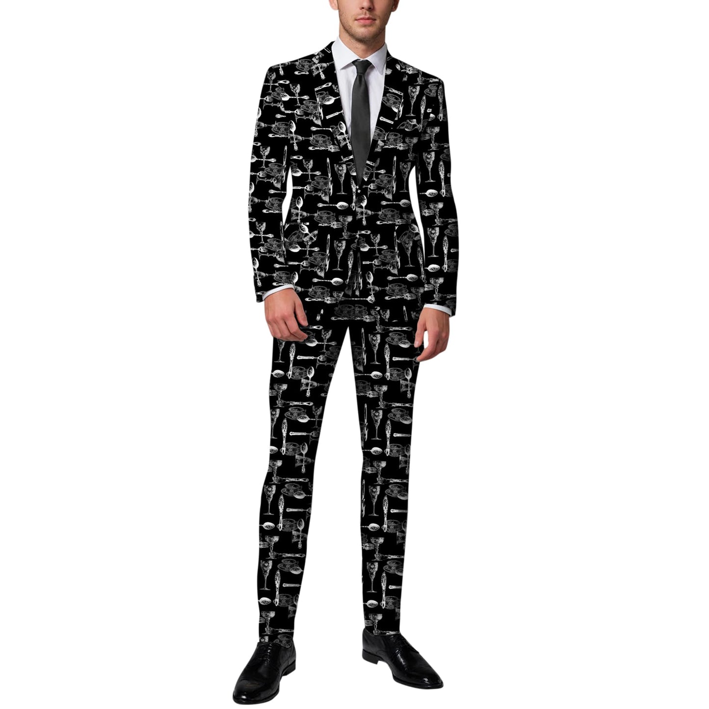 BYBNOLL Men’s 2 Pieces Suit Pattern Printing Tuxedo Suit Set Notch Lapel Jacket Pants for Party Wedding Prom Black White