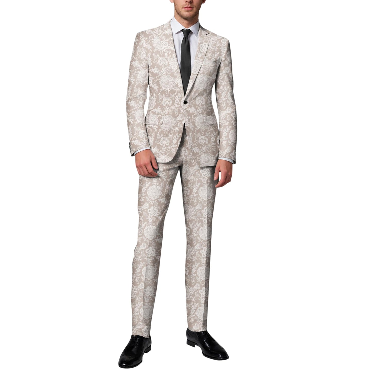 BYBNOLL Men’s Suit 2 Pieces Tuxedo Suit Set Notch Lapel Pattern Printing Jacket Pants for Party Wedding Prom Beige