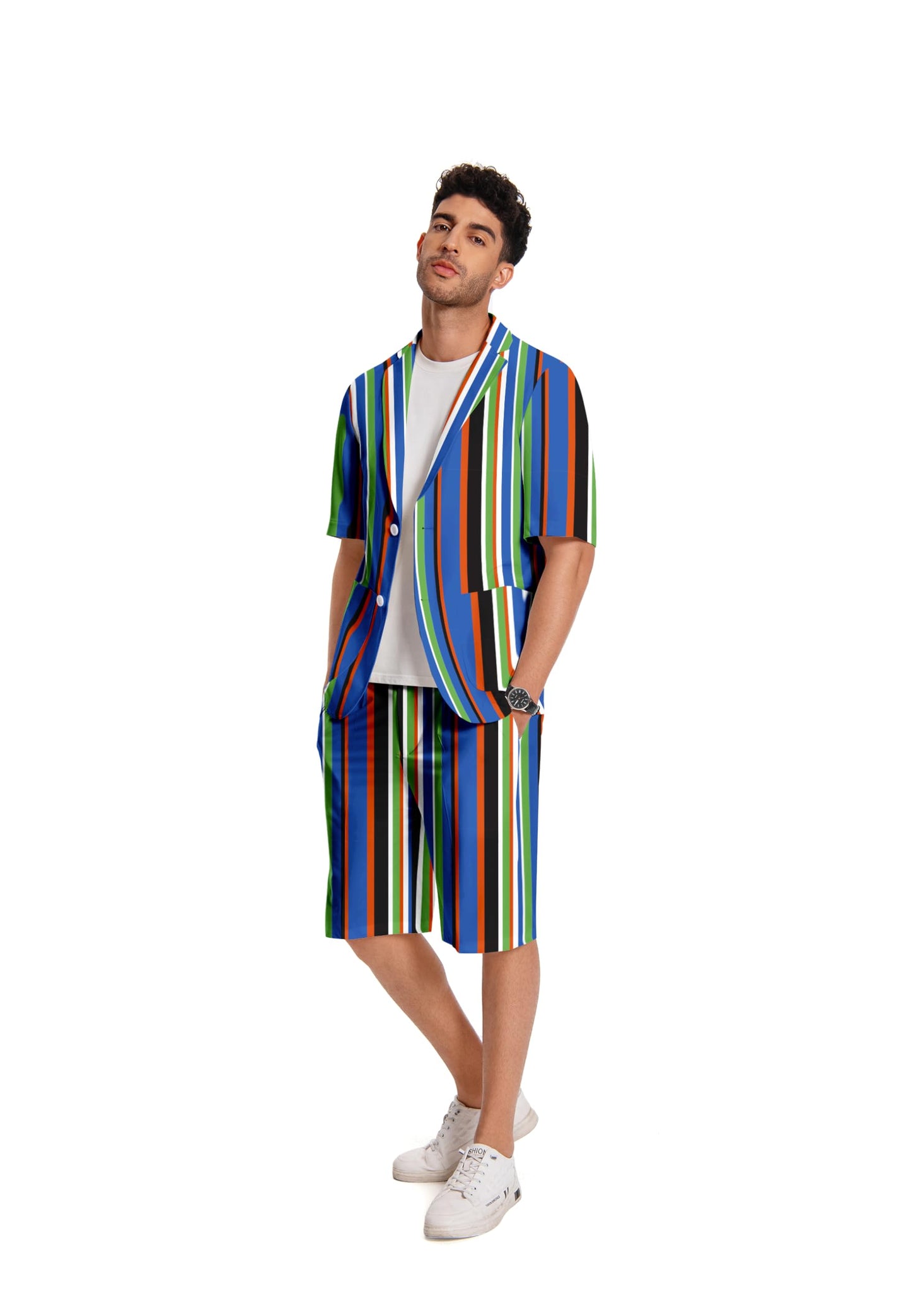 BYBNOLL Men's 2 Piece Suits Printed Short Sleeve Casual Outfit Barge Collar 2 Buttons for Wedding Prom Party Blue Stripe