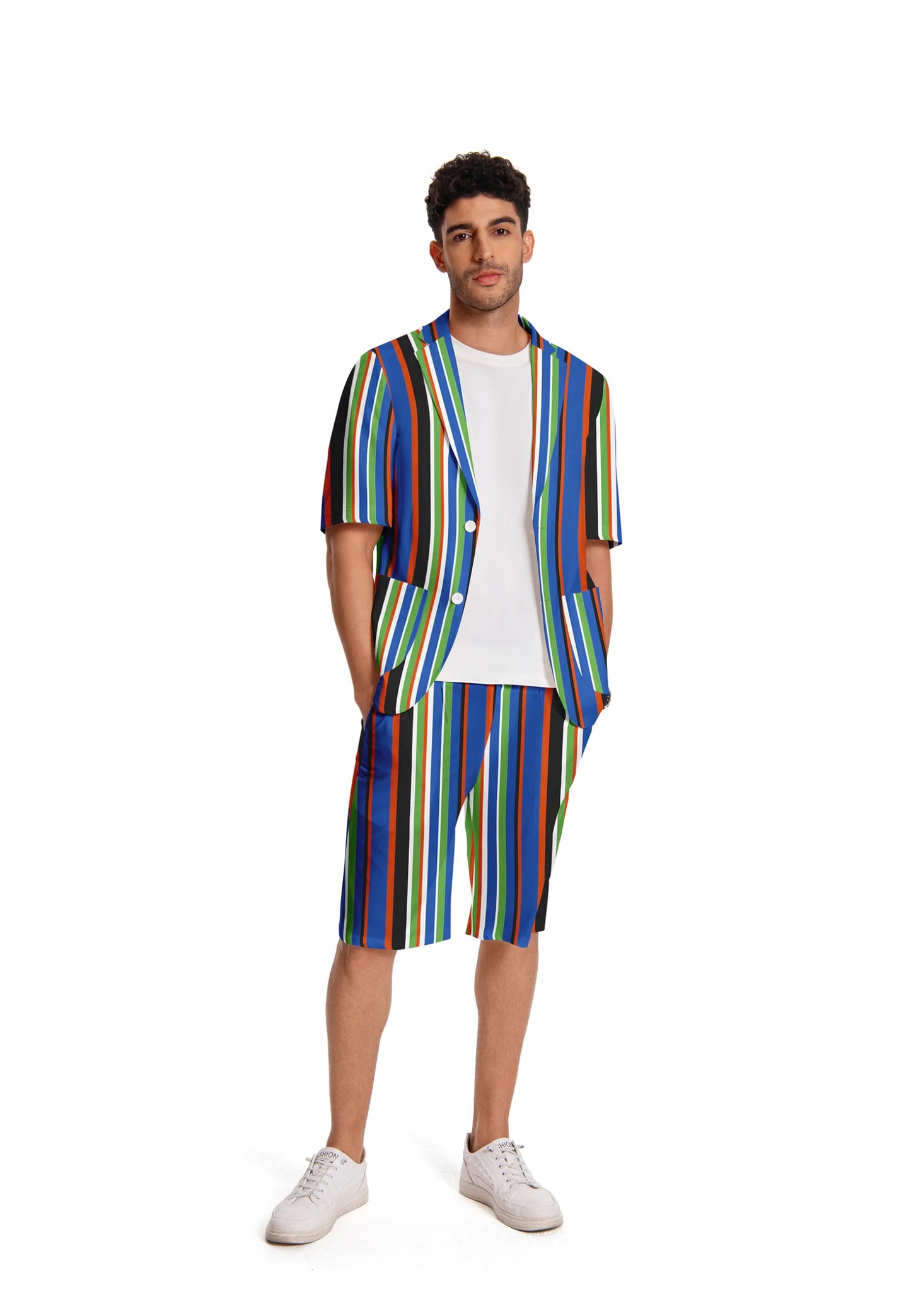 BYBNOLL Men's 2 Piece Suits Printed Short Sleeve Casual Outfit Barge Collar 2 Buttons for Wedding Prom Party Blue Stripe