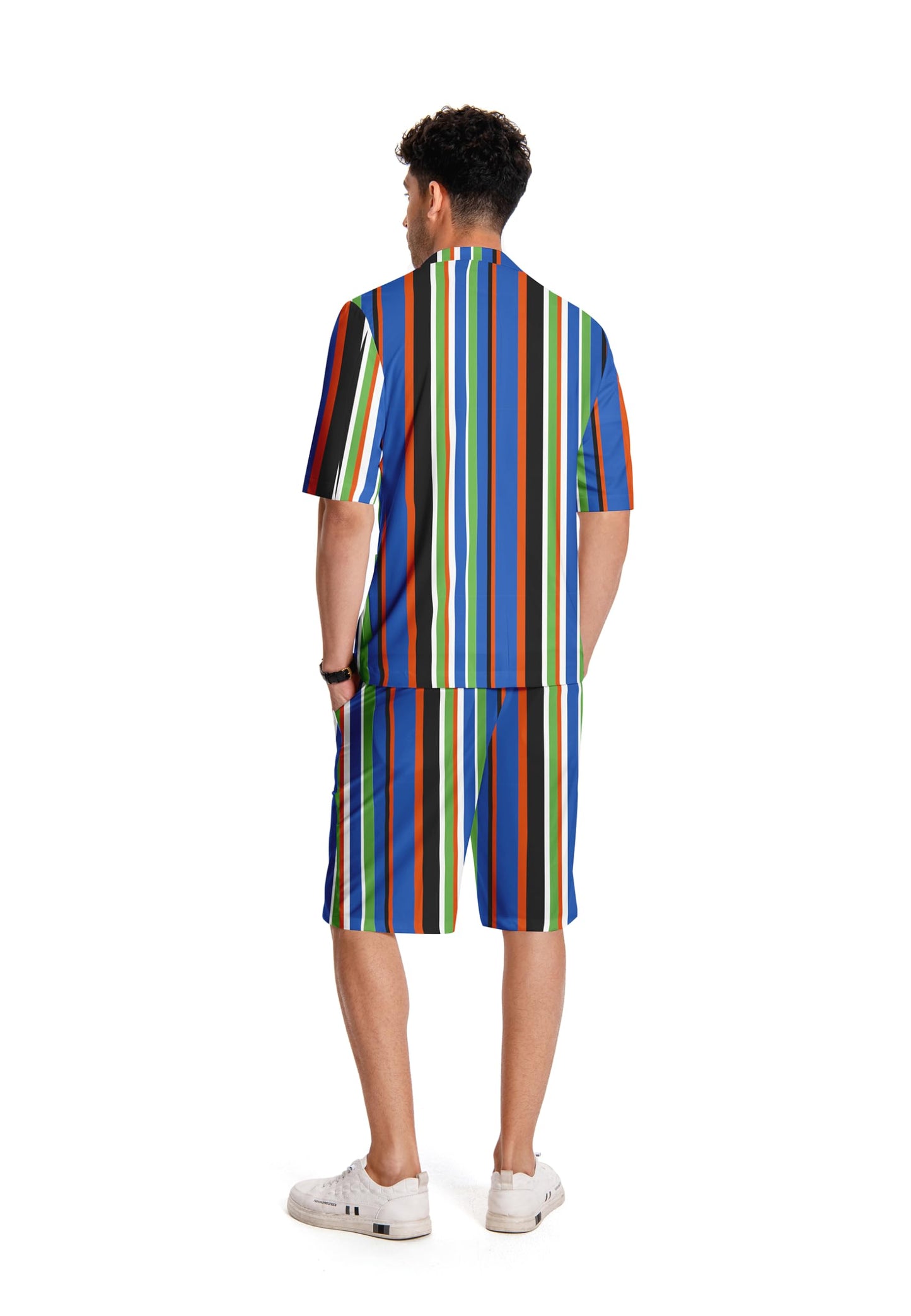 BYBNOLL Men's 2 Piece Suits Printed Short Sleeve Casual Outfit Barge Collar 2 Buttons for Wedding Prom Party Blue Stripe