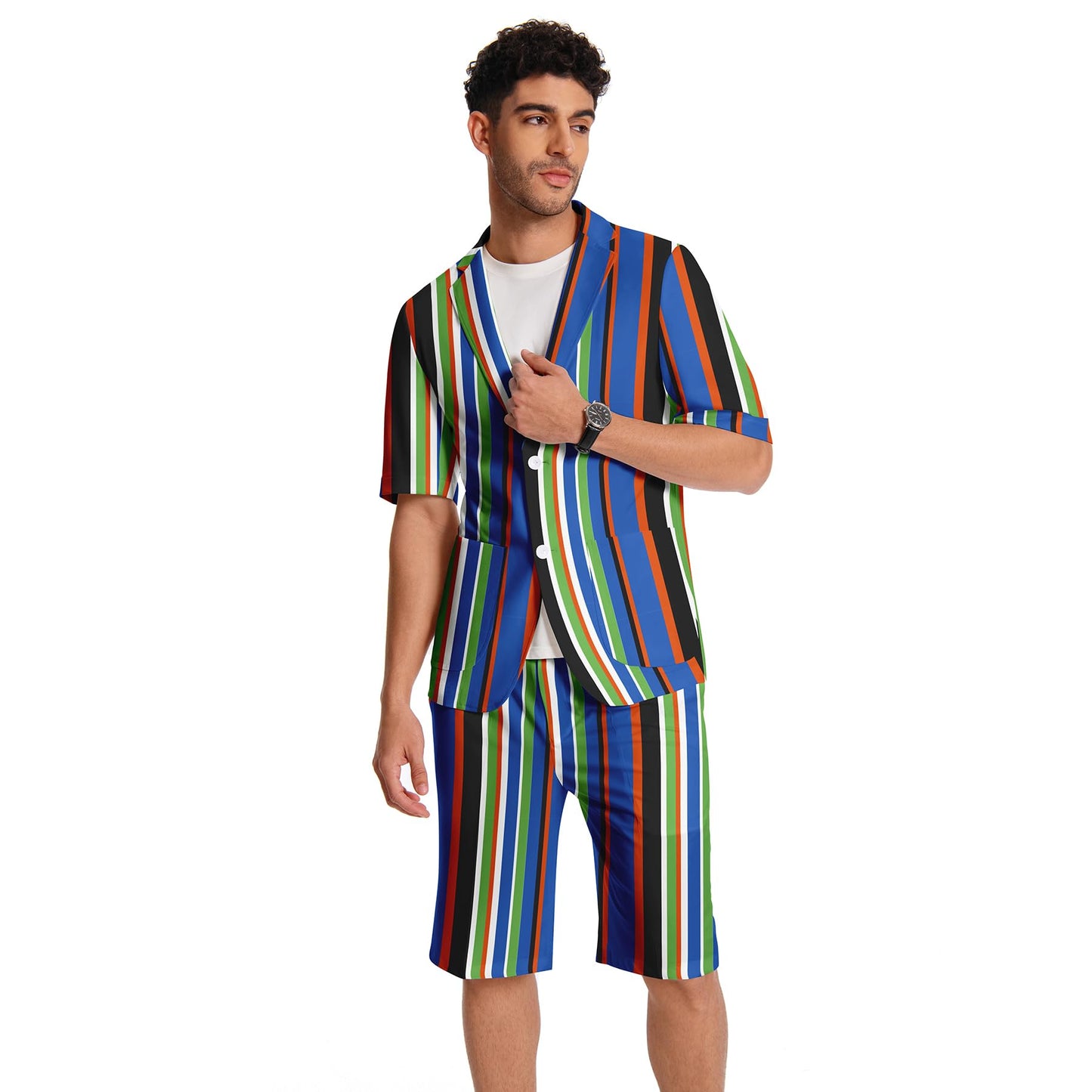 BYBNOLL Men's 2 Piece Suits Printed Short Sleeve Casual Outfit Barge Collar 2 Buttons for Wedding Prom Party Blue Stripe