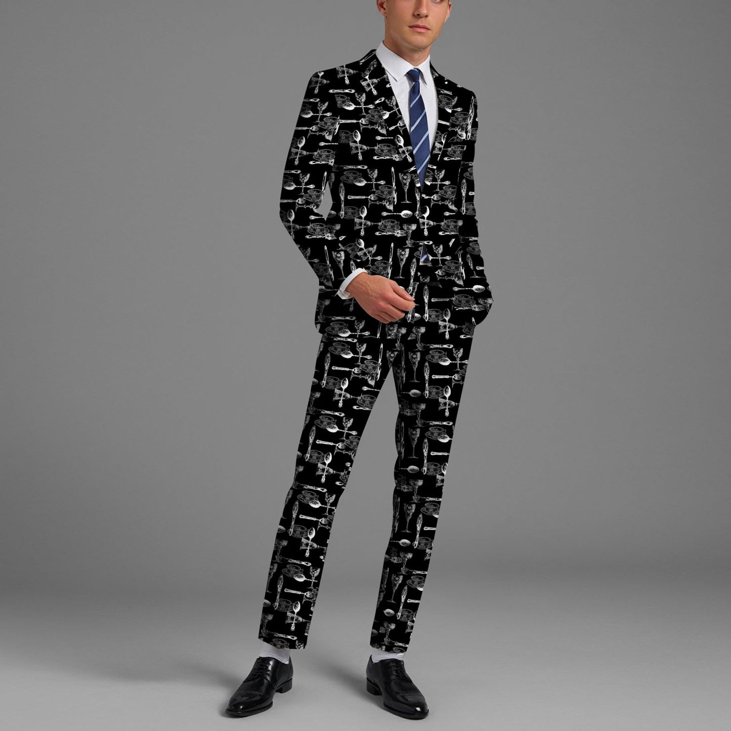 BYBNOLL Men’s 2 Pieces Suit Pattern Printing Tuxedo Suit Set Notch Lapel Jacket Pants for Party Wedding Prom Black White