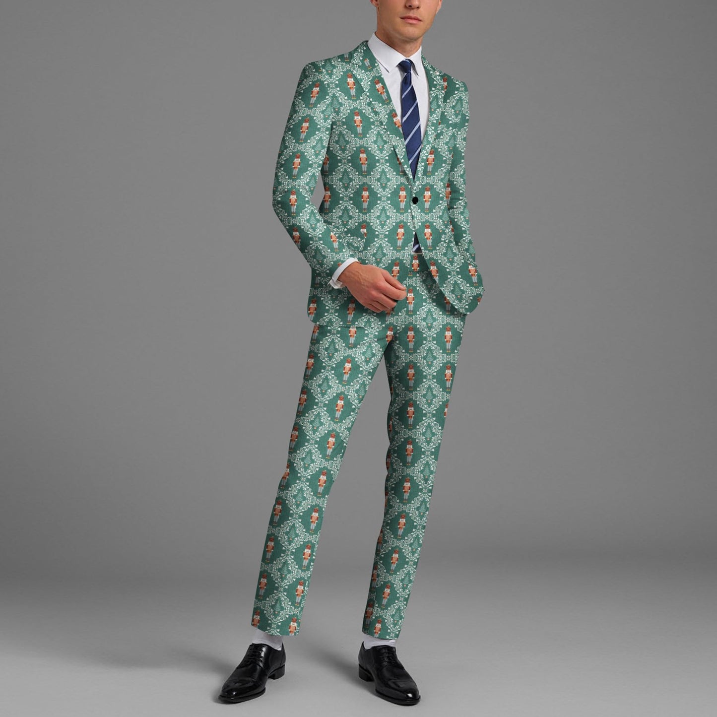 BYBNOLL Men’s 2 Pieces Suit Pattern Printing Tuxedo Suit Set Notch Lapel Jacket Pants for Party Wedding Prom Green White