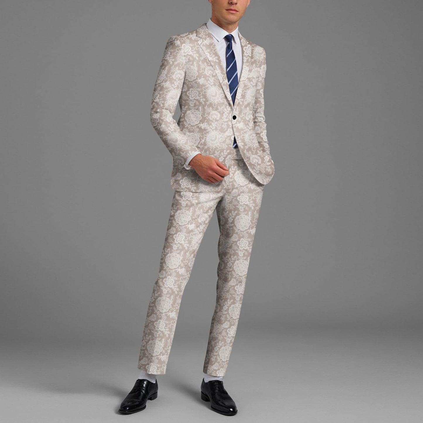 BYBNOLL Men’s Suit 2 Pieces Tuxedo Suit Set Notch Lapel Pattern Printing Jacket Pants for Party Wedding Prom Beige