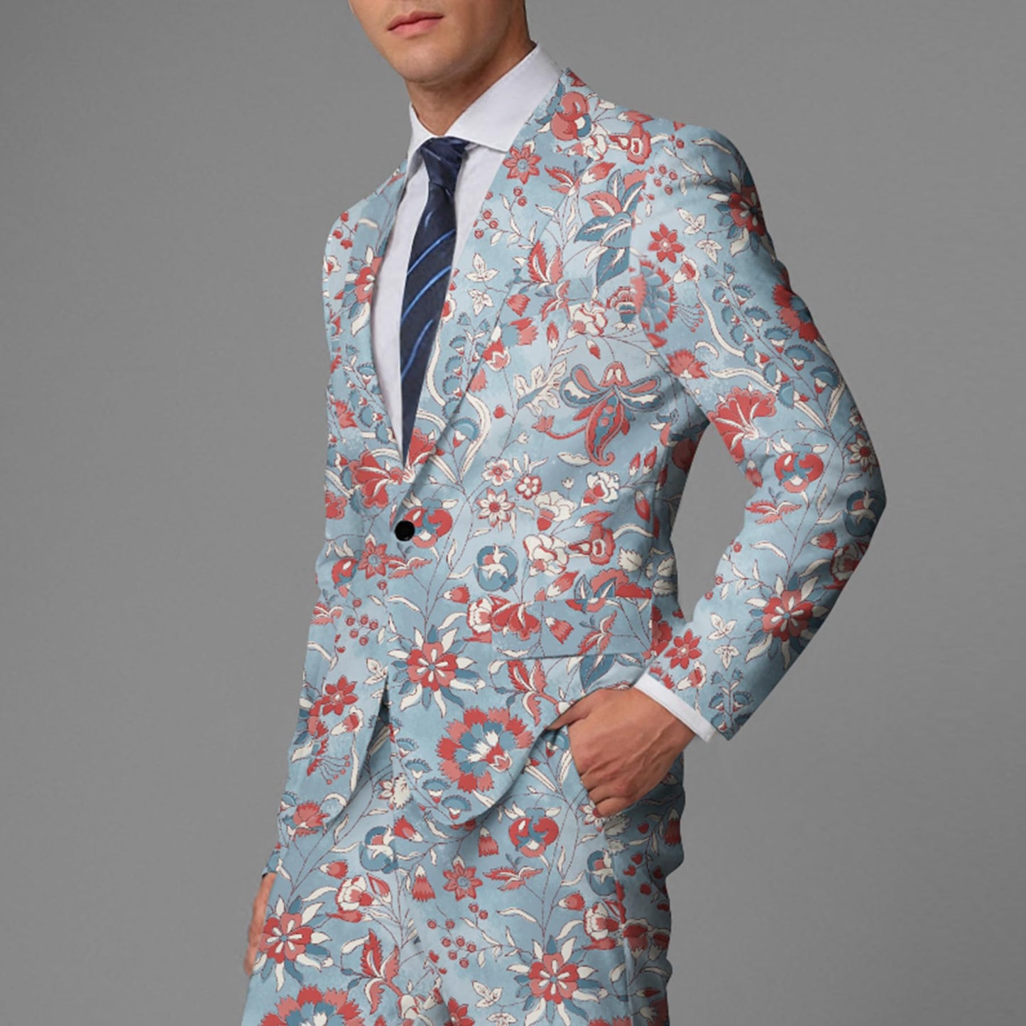 BYBNOLL Men's Blazer One Button Slim Fit Notched Lapel Print Sport Coat Suit Blazer Jacket Light Blue