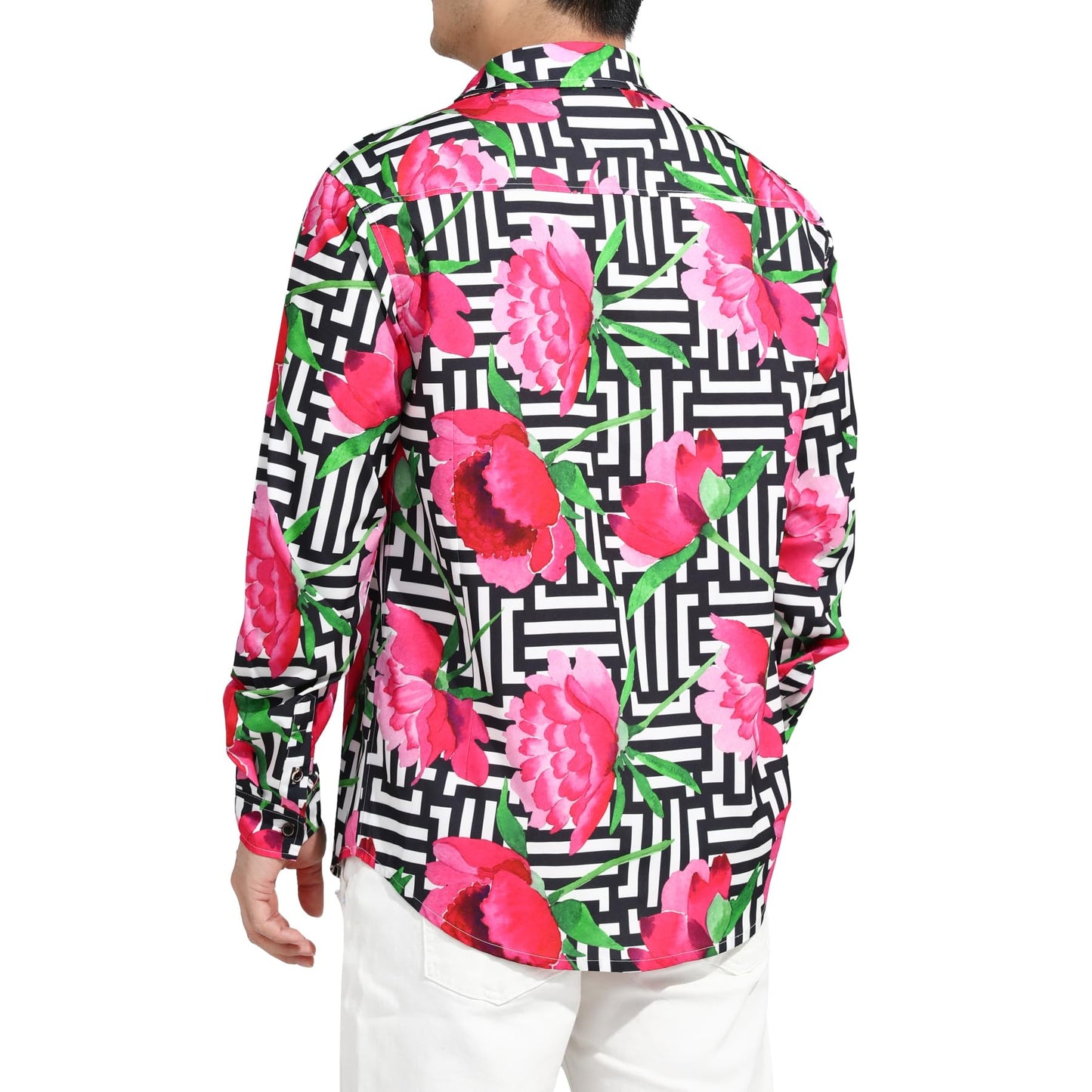 BYBNOLL Men's Casual Shirt Printed Long Sleeve Lapel Trendy Formal Business Comfortable Skin-Friendly Button Down Shirt Black Pink