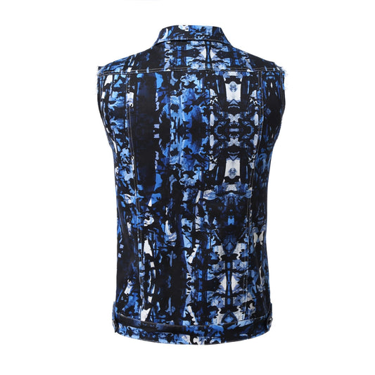 BYBNOLL Men's Denim Vest Sleeveless Casual Jean Vest Button Camouflage Print Jacket Outerwear Vest