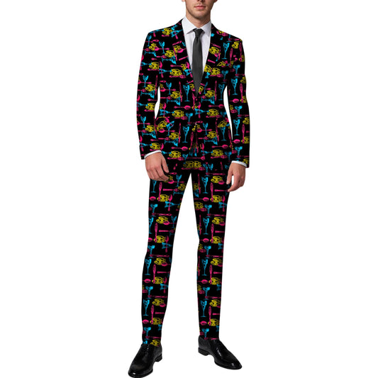 BYBNOLL Men’s Suit 2 Pieces Tuxedo Suit Set Notch Lapel Pattern Printing Jacket Pants for Party Wedding Prom Black Yellow