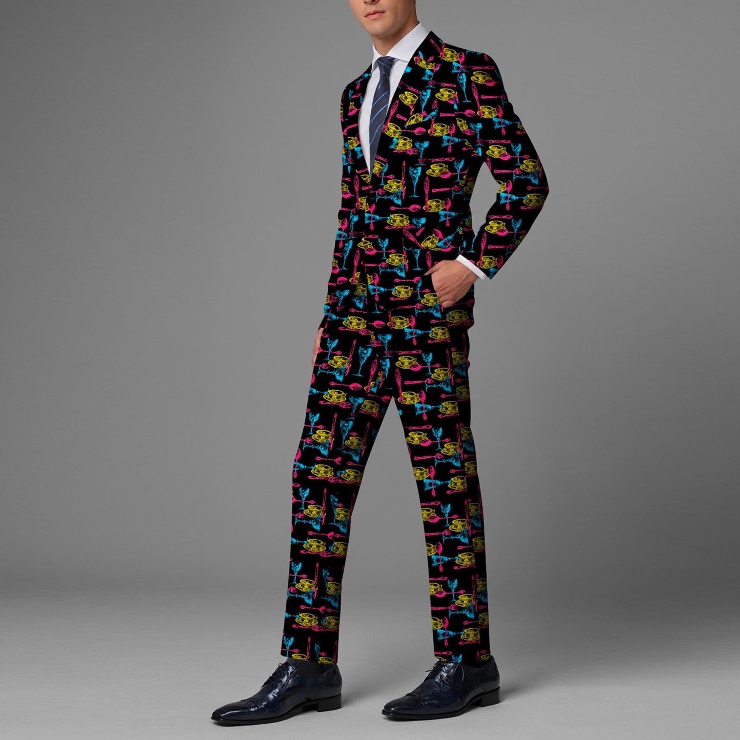 BYBNOLL Men’s Suit 2 Pieces Tuxedo Suit Set Notch Lapel Pattern Printing Jacket Pants for Party Wedding Prom Black Yellow