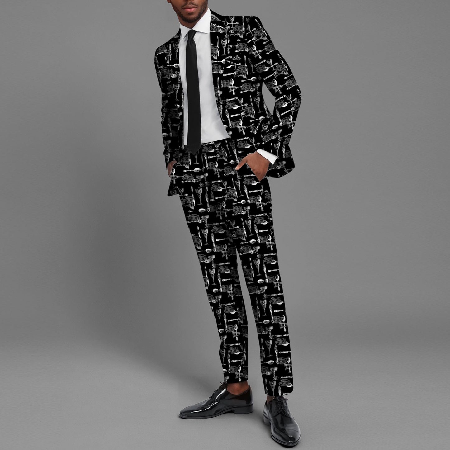 BYBNOLL Men’s 2 Pieces Suit Pattern Printing Tuxedo Suit Set Notch Lapel Jacket Pants for Party Wedding Prom Black White