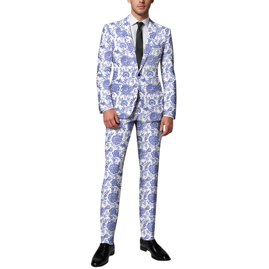BYBNOLL Men’s Suit 2 Pieces Tuxedo Suit Set Notch Lapel Pattern Printing Jacket Pants for Party Wedding Prom Blue White
