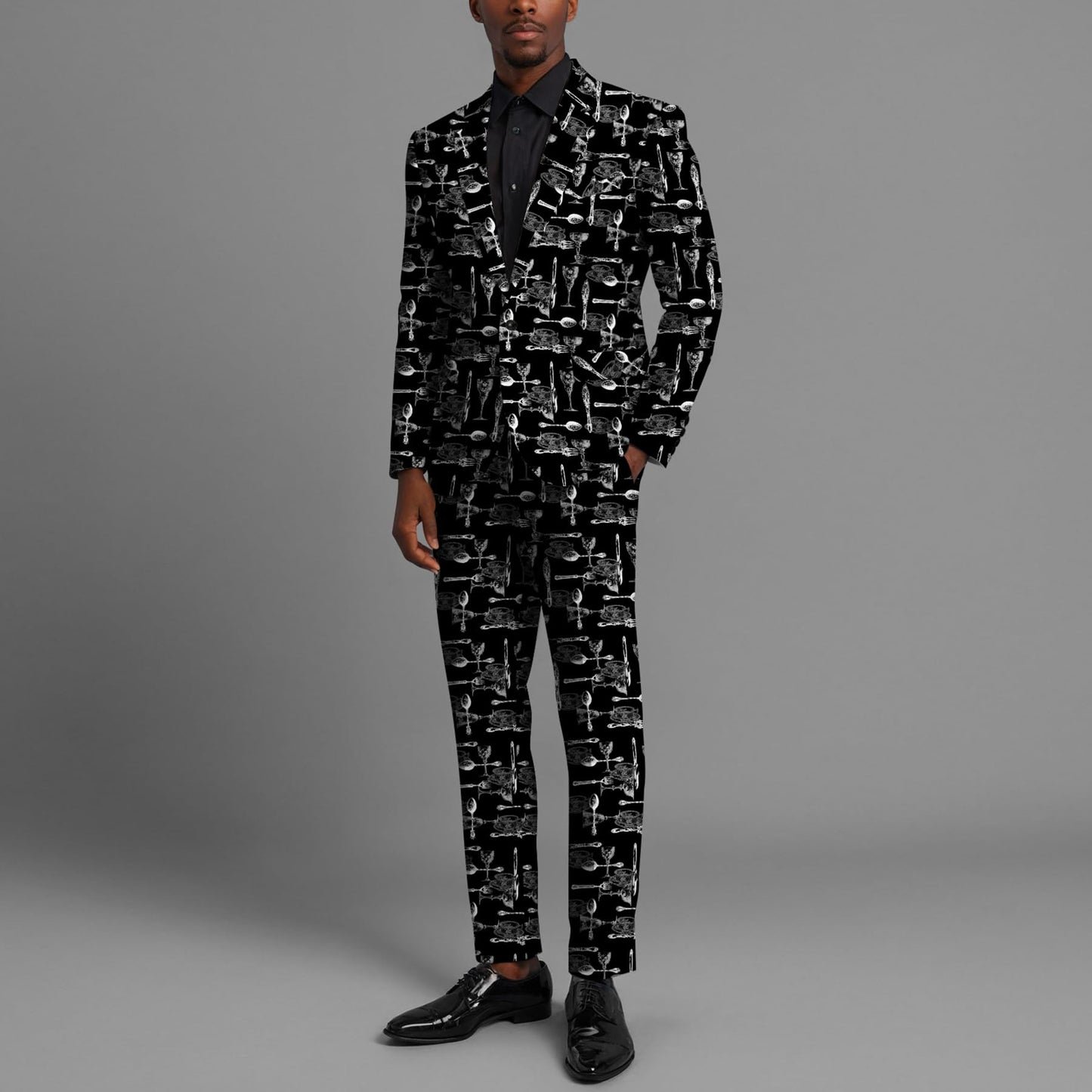 BYBNOLL Men’s 2 Pieces Suit Pattern Printing Tuxedo Suit Set Notch Lapel Jacket Pants for Party Wedding Prom Black White