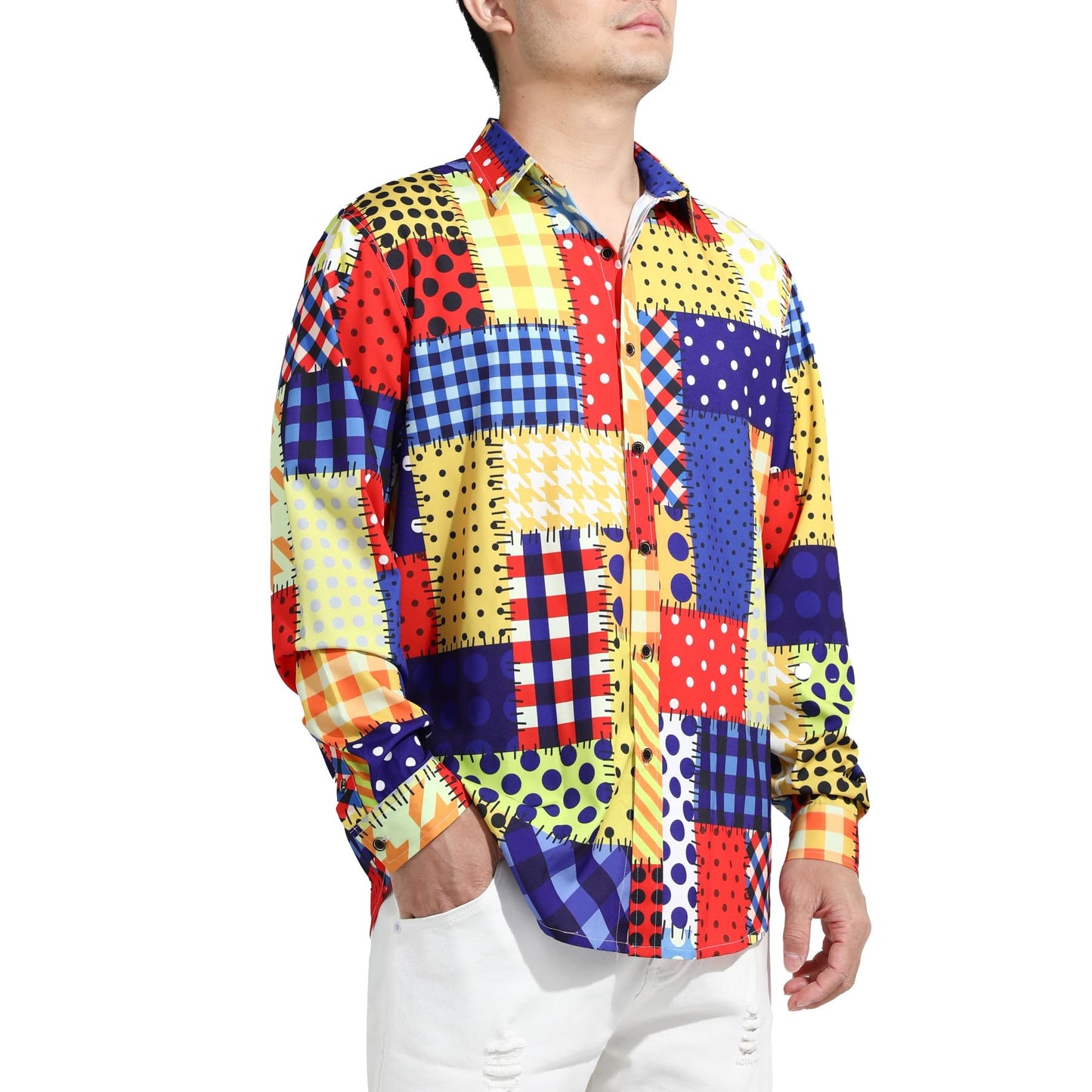 BYBNOLL Men's Casual Shirt Printed Long Sleeve Lapel Trendy Formal Business Comfortable Skin-Friendly Button Down Shirt