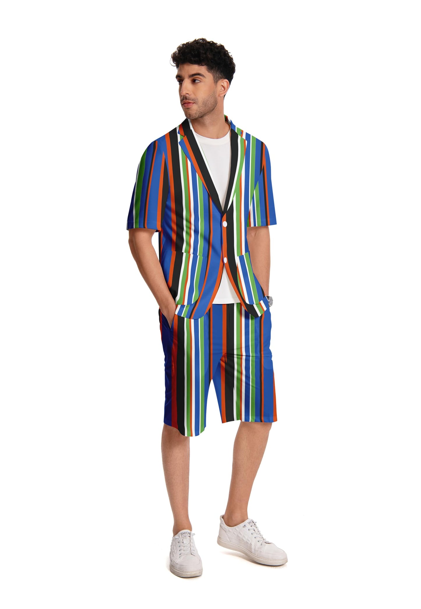 BYBNOLL Men's 2 Piece Suits Printed Short Sleeve Casual Outfit Barge Collar 2 Buttons for Wedding Prom Party Blue Stripe