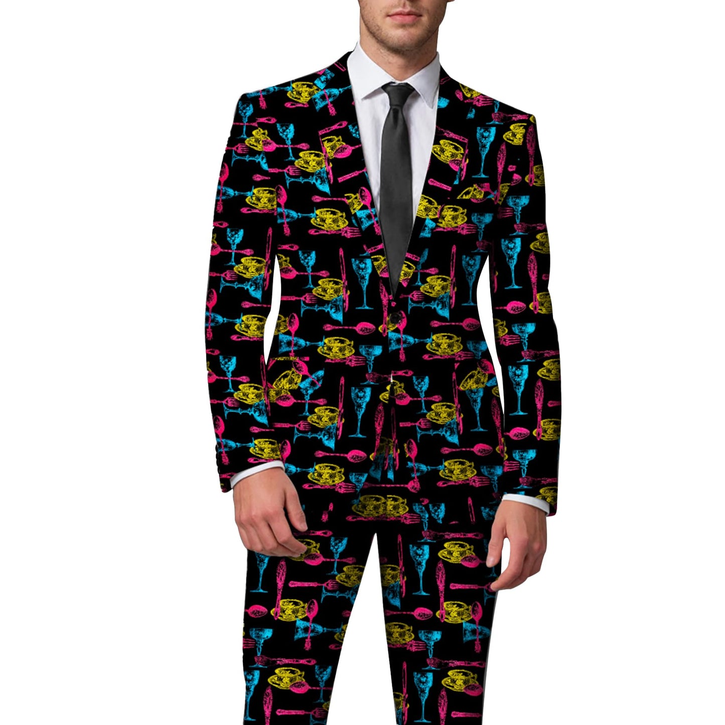 BYBNOLL Men's Blazer One Button Slim Fit Notched Lapel Print Sport Coat Suit Blazer Jacket Black Yellow