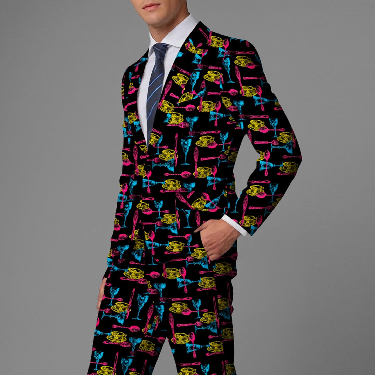 BYBNOLL Men's Blazer One Button Slim Fit Notched Lapel Print Sport Coat Suit Blazer Jacket Black Yellow