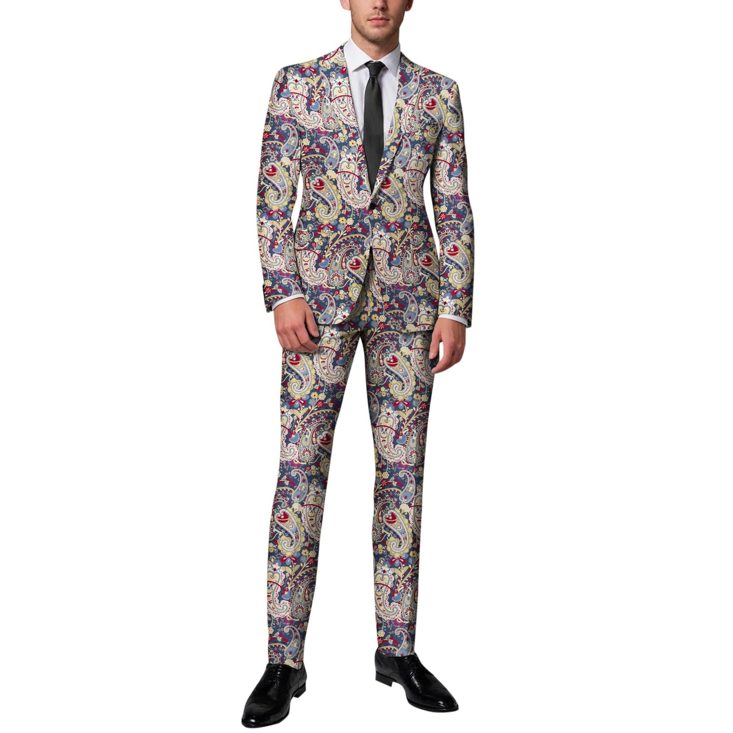 BYBNOLL Men’s 2 Pieces Suit Pattern Printing Tuxedo Suit Set Notch Lapel Jacket Pants for Party Wedding Prom Blue Red