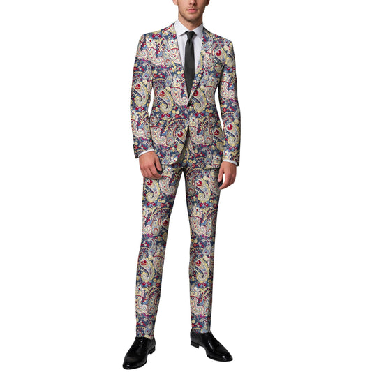 BYBNOLL Men’s 2 Pieces Suit Pattern Printing Tuxedo Suit Set Notch Lapel Jacket Pants for Party Wedding Prom Blue Red