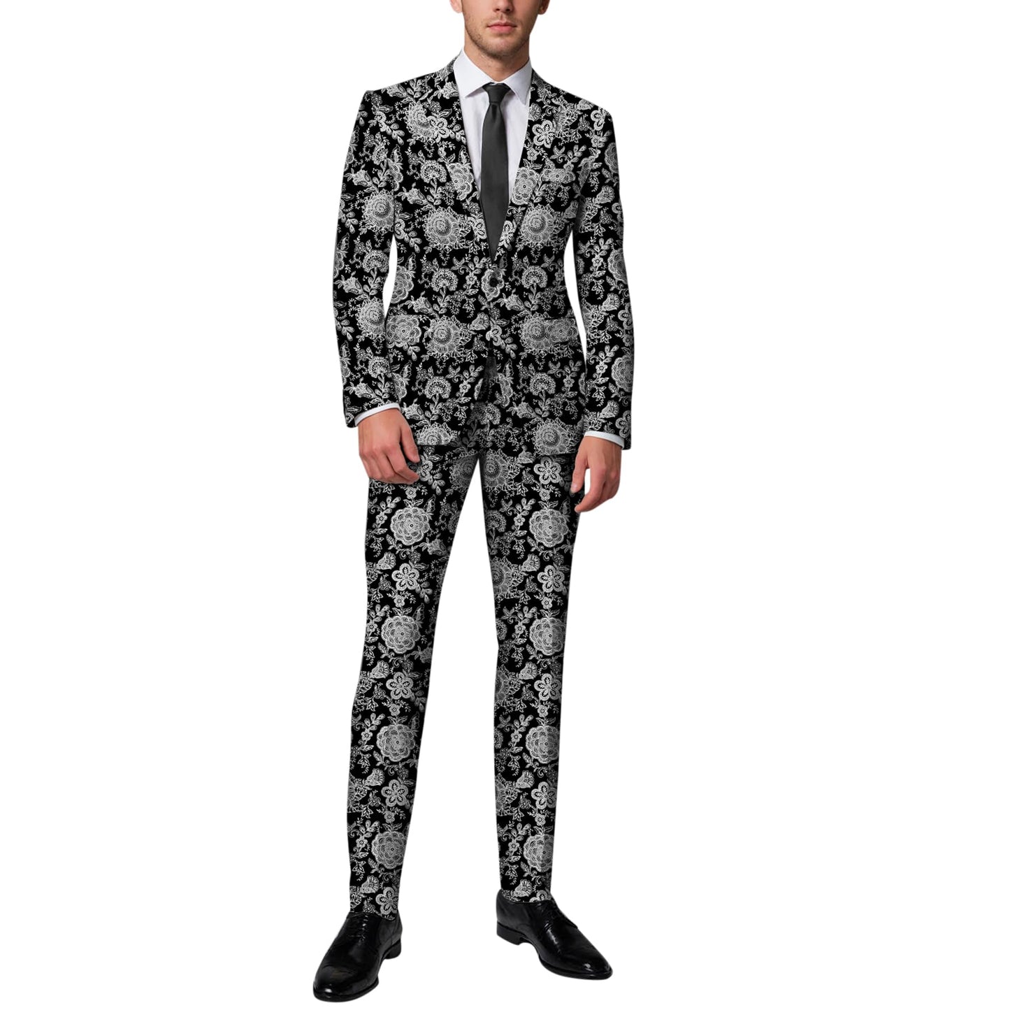 BYBNOLL Men’s Suit 2 Pieces Tuxedo Suit Set Notch Lapel Pattern Printing Jacket Pants for Party Wedding Prom Black Gray