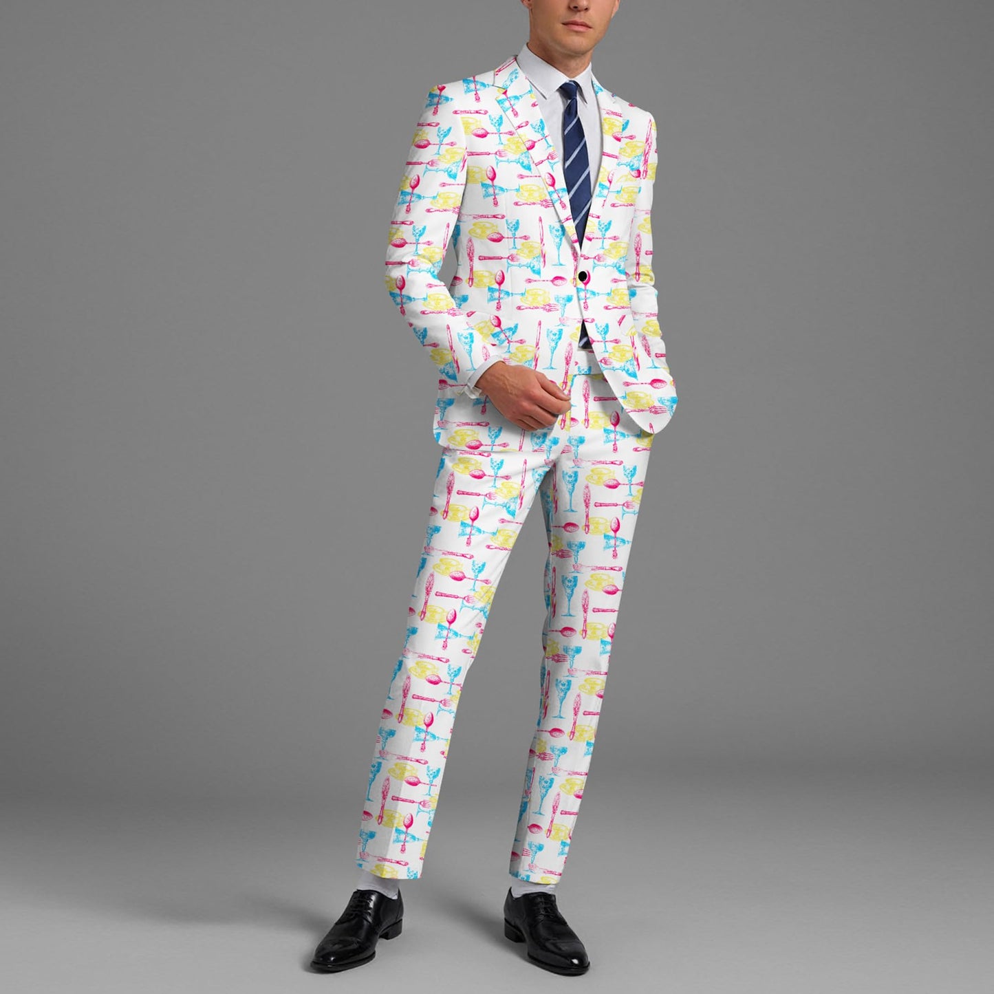 BYBNOLL Men’s Suit 2 Pieces Tuxedo Suit Set Notch Lapel Pattern Printing Jacket Pants for Party Wedding Prom White Yellow