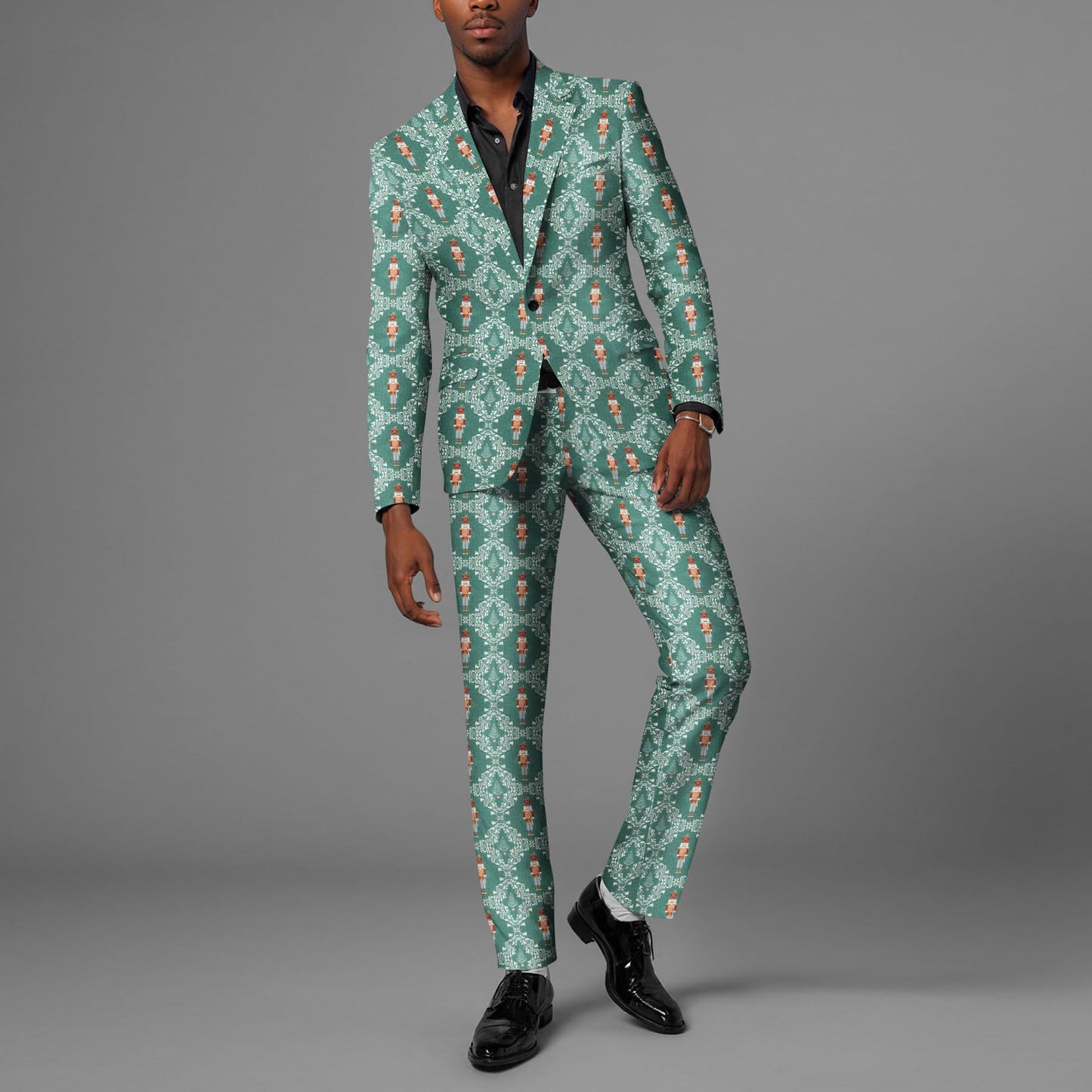 BYBNOLL Men’s 2 Pieces Suit Pattern Printing Tuxedo Suit Set Notch Lapel Jacket Pants for Party Wedding Prom Green White