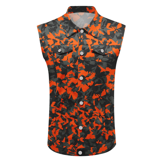 BYBNOLL Men's Denim Vest Sleeveless Casual Jean Vest Button Camouflage Print Jacket Outerwear Vest