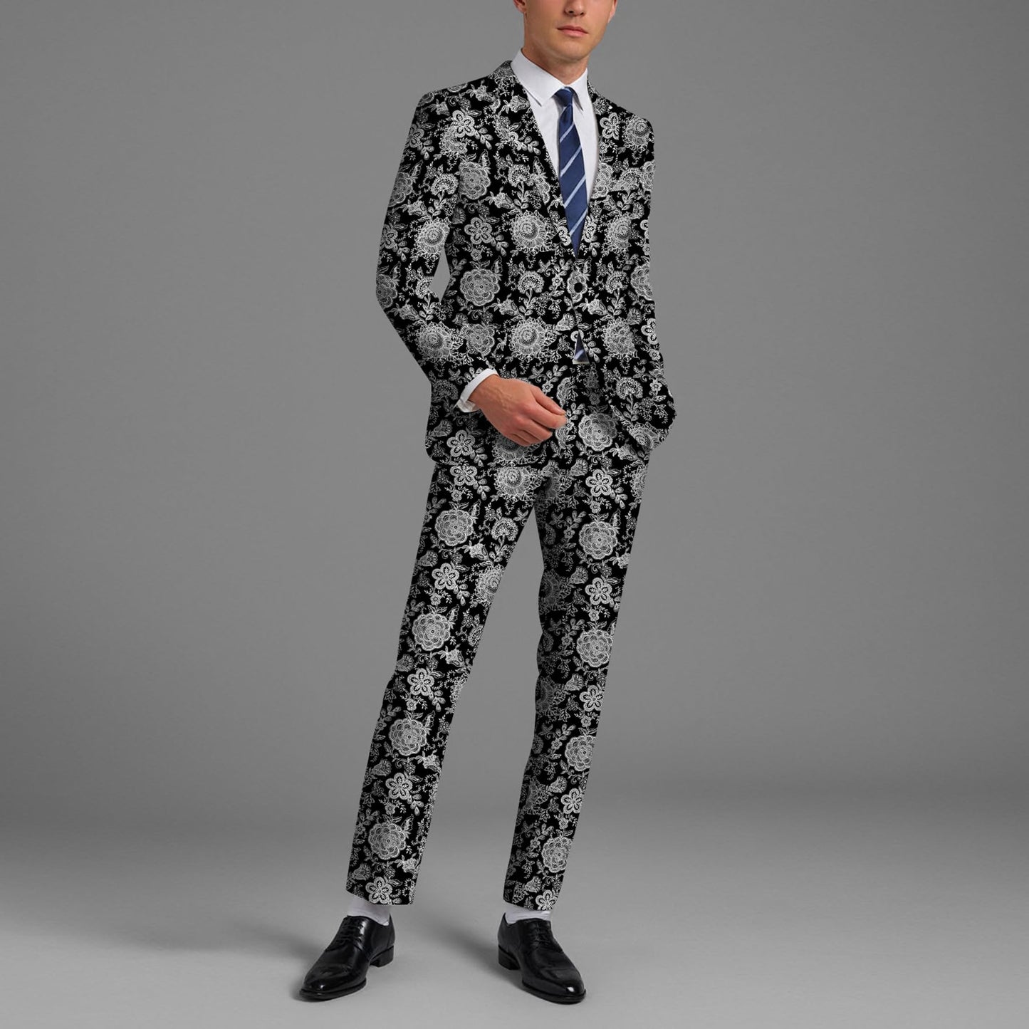 BYBNOLL Men’s Suit 2 Pieces Tuxedo Suit Set Notch Lapel Pattern Printing Jacket Pants for Party Wedding Prom Black Gray