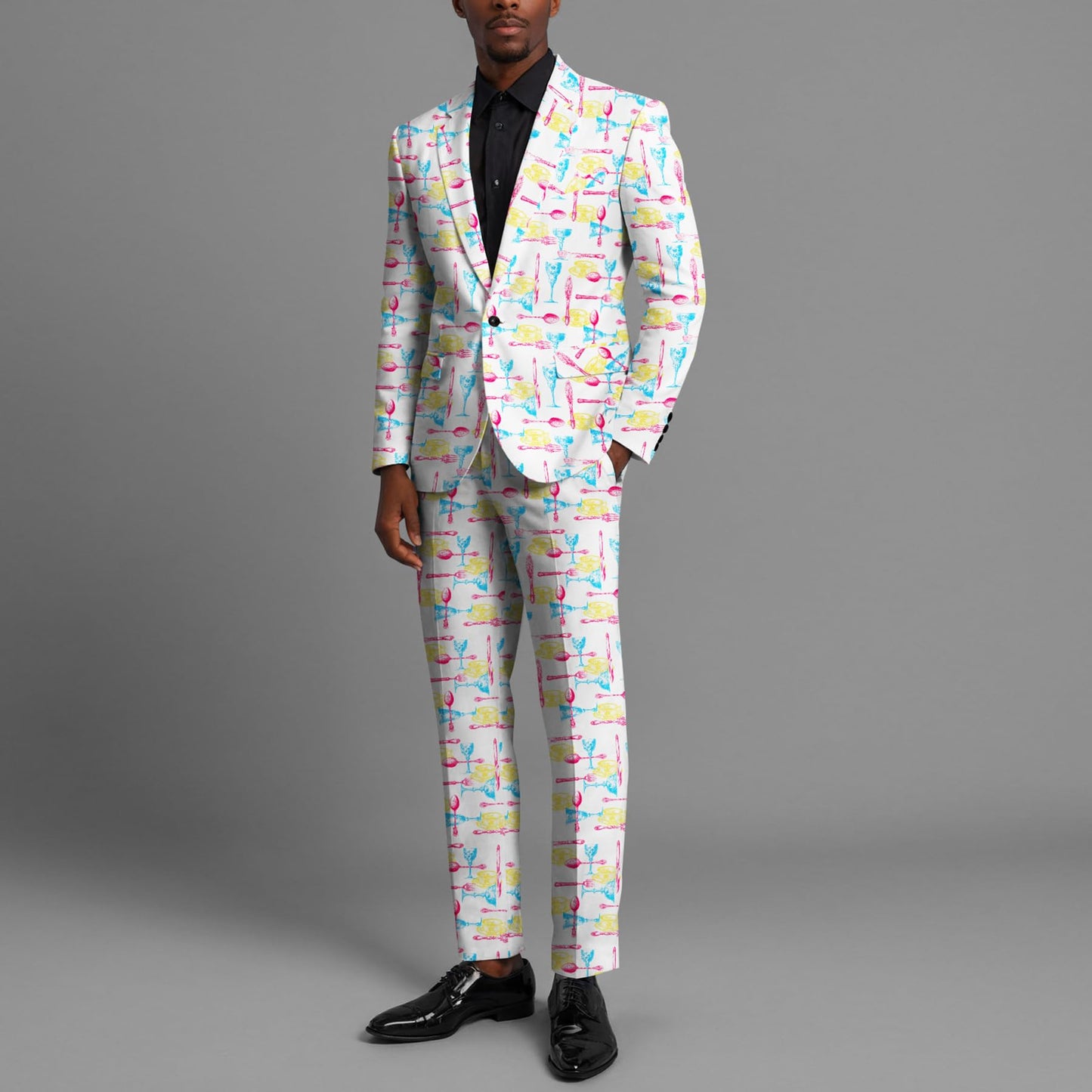 BYBNOLL Men’s Suit 2 Pieces Tuxedo Suit Set Notch Lapel Pattern Printing Jacket Pants for Party Wedding Prom White Yellow