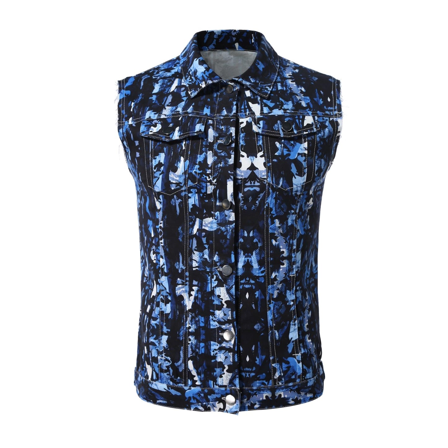 BYBNOLL Men's Denim Vest Sleeveless Casual Jean Vest Button Camouflage Print Jacket Outerwear Vest