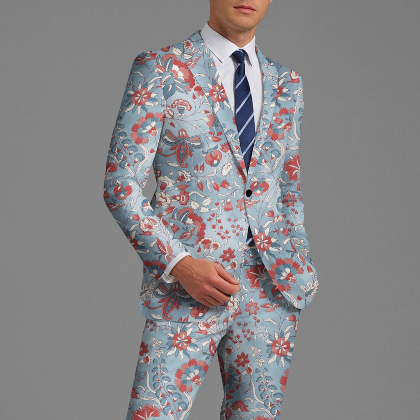 BYBNOLL Men's Blazer One Button Slim Fit Notched Lapel Print Sport Coat Suit Blazer Jacket Light Blue