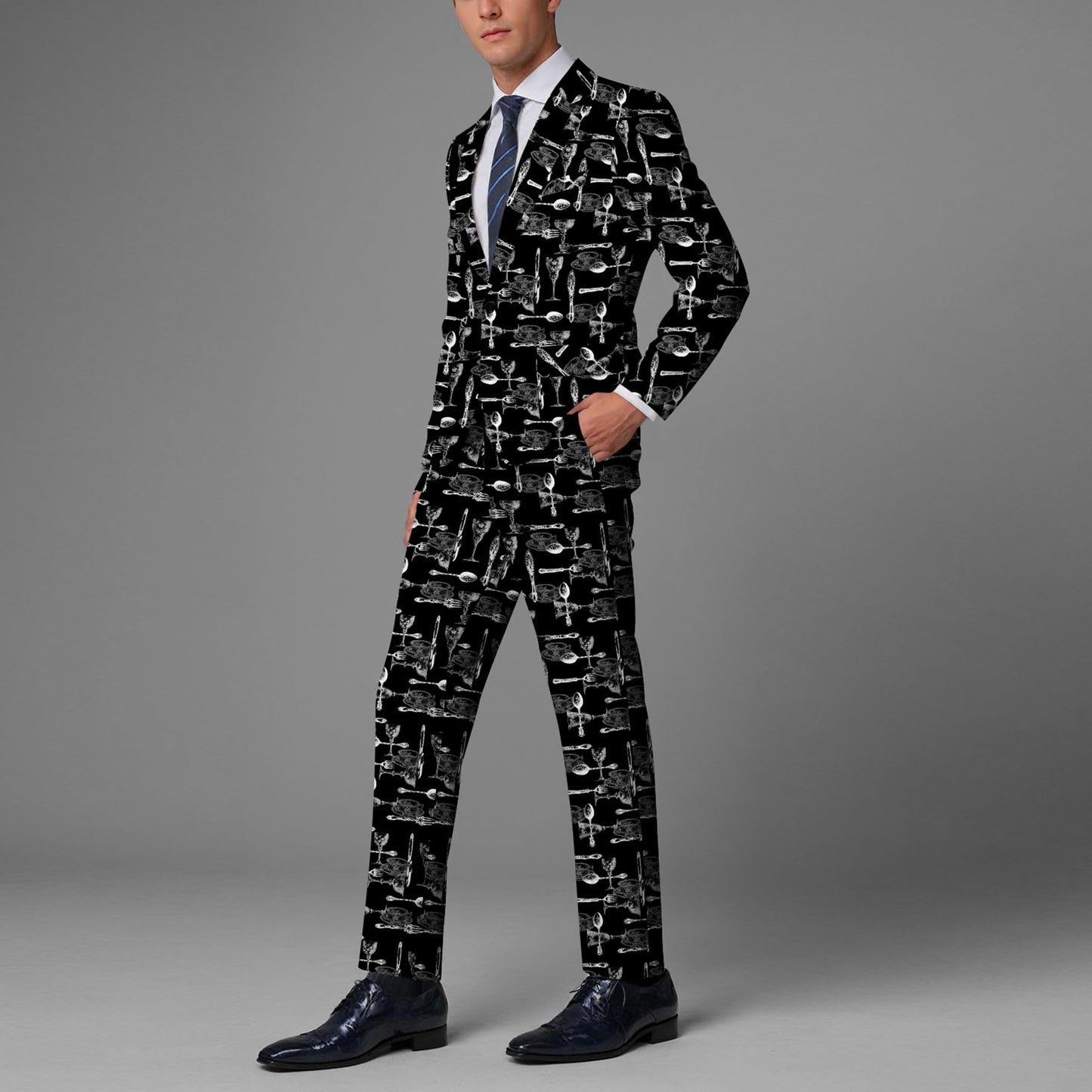 BYBNOLL Men’s 2 Pieces Suit Pattern Printing Tuxedo Suit Set Notch Lapel Jacket Pants for Party Wedding Prom Black White