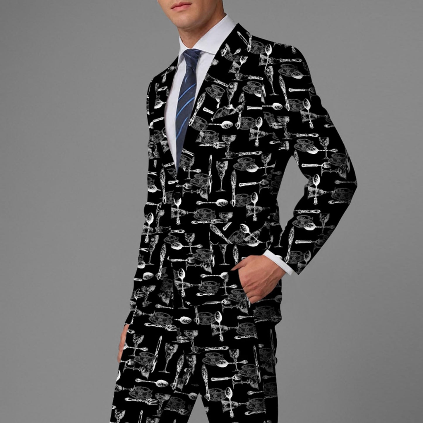 BYBNOLL Men's Blazer One Button Slim Fit Notched Lapel Print Sport Coat Suit Blazer Jacket Black White