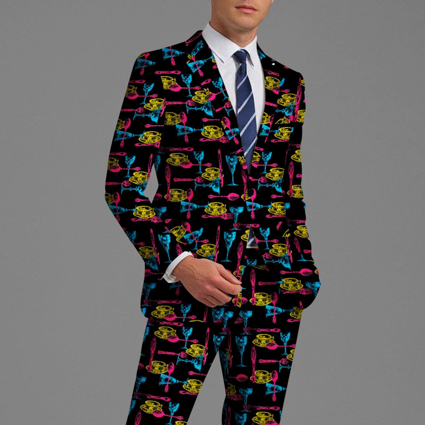 BYBNOLL Men's Blazer One Button Slim Fit Notched Lapel Print Sport Coat Suit Blazer Jacket Black Yellow