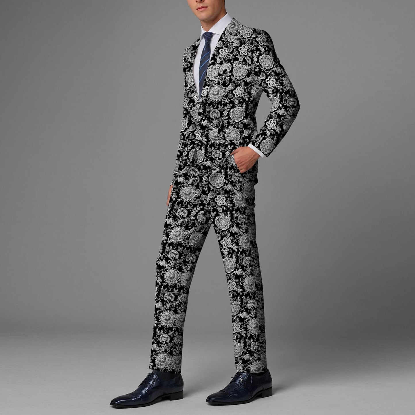 BYBNOLL Men’s Suit 2 Pieces Tuxedo Suit Set Notch Lapel Pattern Printing Jacket Pants for Party Wedding Prom Black Gray