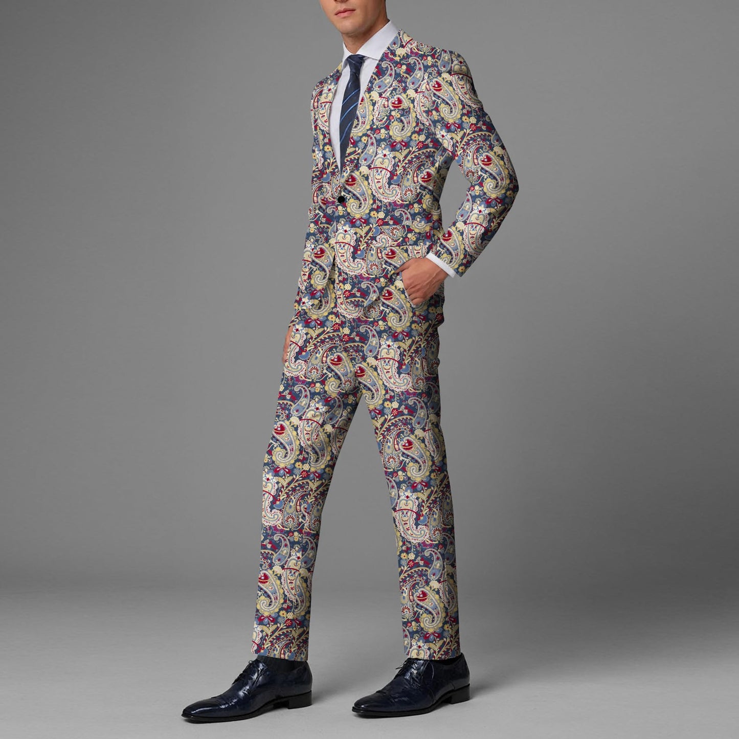 BYBNOLL Men’s 2 Pieces Suit Pattern Printing Tuxedo Suit Set Notch Lapel Jacket Pants for Party Wedding Prom Blue Red