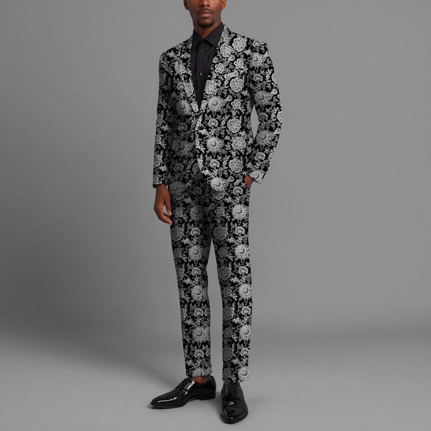 BYBNOLL Men’s Suit 2 Pieces Tuxedo Suit Set Notch Lapel Pattern Printing Jacket Pants for Party Wedding Prom Black Gray