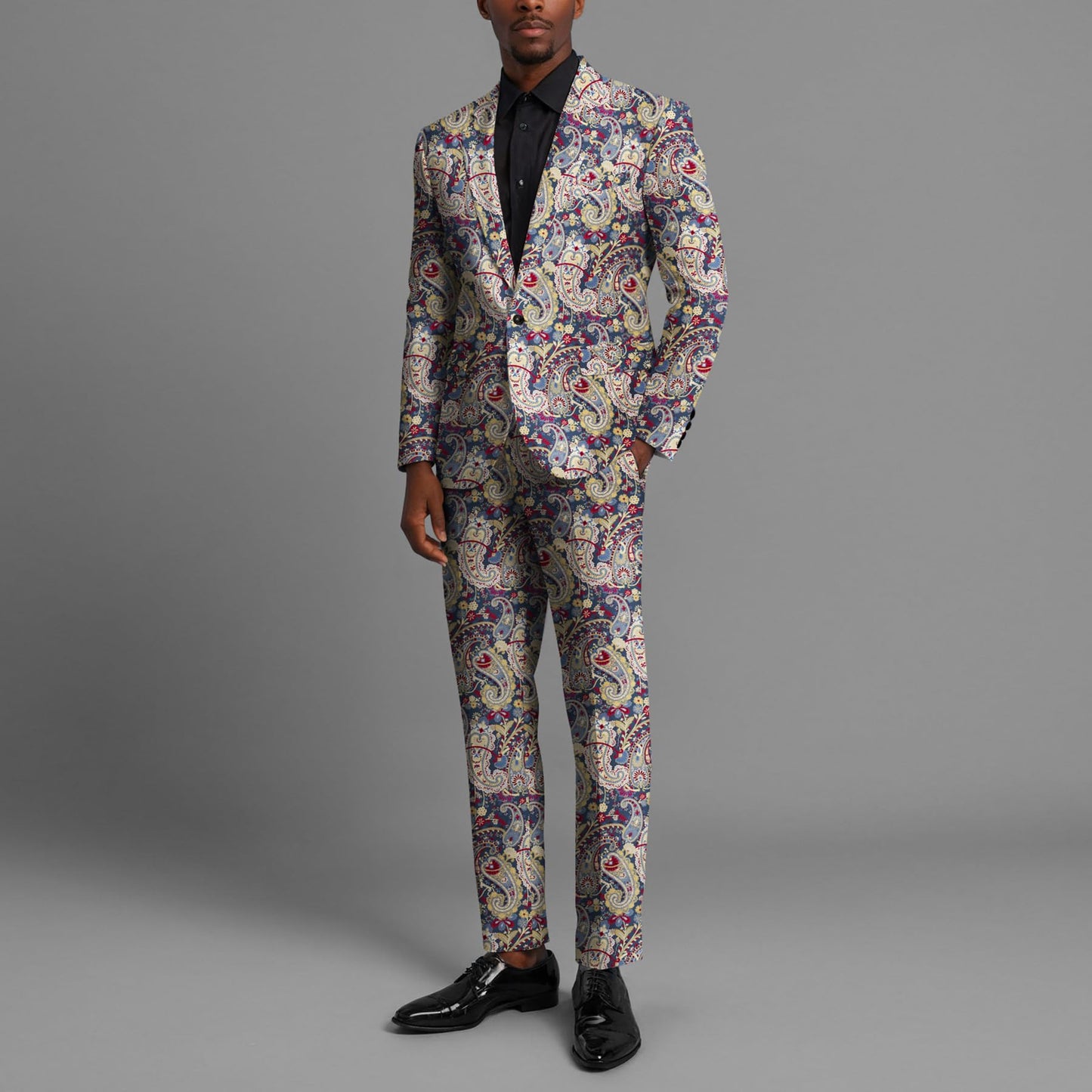 BYBNOLL Men’s 2 Pieces Suit Pattern Printing Tuxedo Suit Set Notch Lapel Jacket Pants for Party Wedding Prom Blue Red