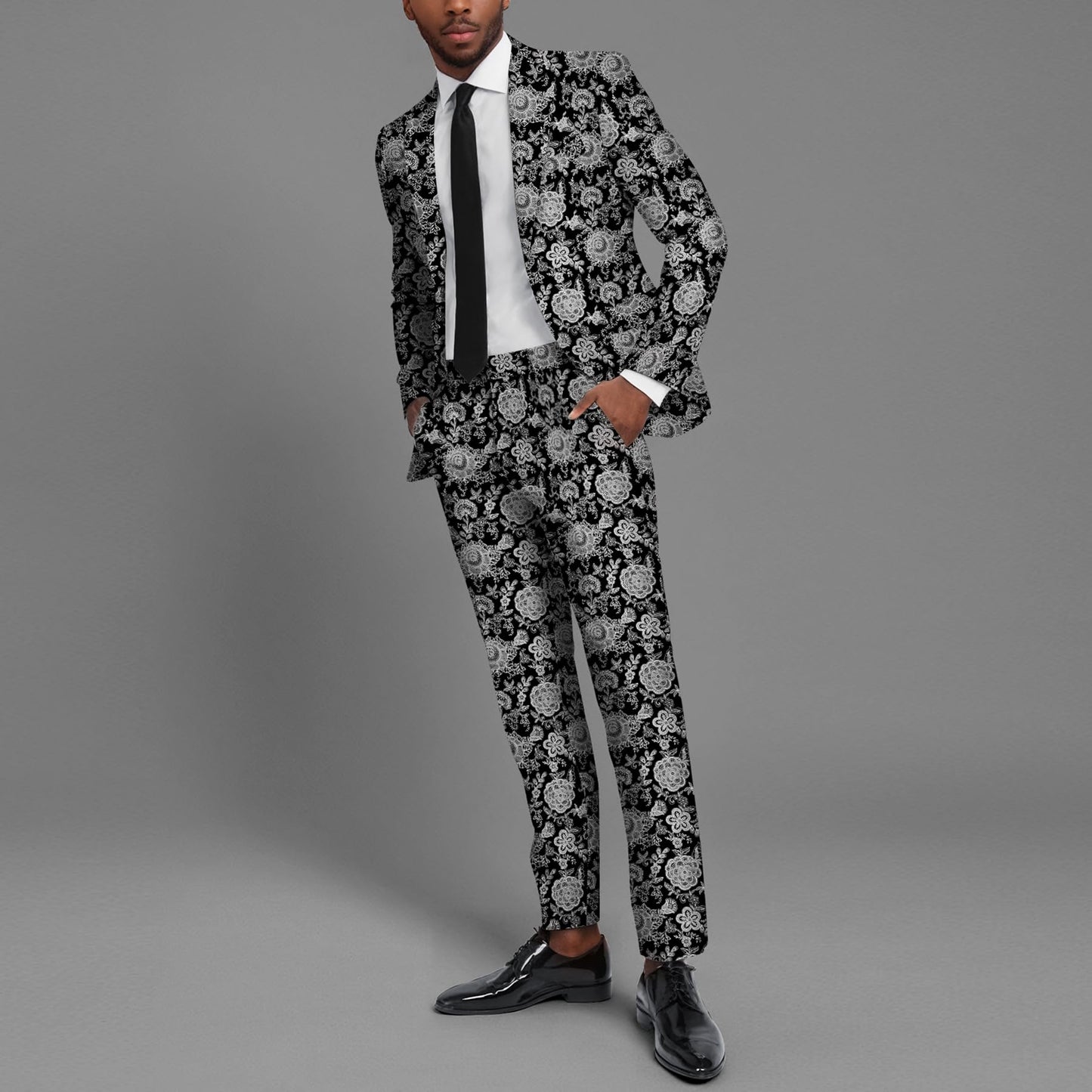 BYBNOLL Men’s Suit 2 Pieces Tuxedo Suit Set Notch Lapel Pattern Printing Jacket Pants for Party Wedding Prom Black Gray