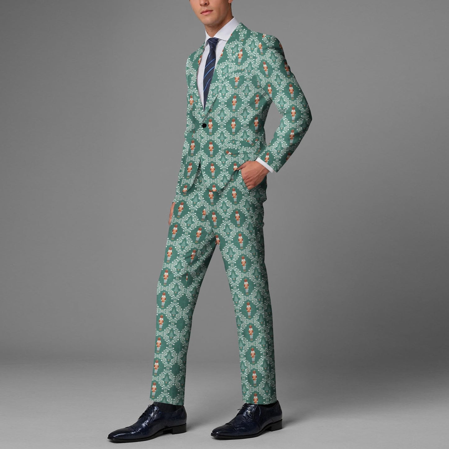 BYBNOLL Men’s 2 Pieces Suit Pattern Printing Tuxedo Suit Set Notch Lapel Jacket Pants for Party Wedding Prom Green White