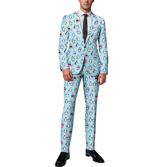BYBNOLL Men’s 2 Pieces Suit Pattern Printing Tuxedo Suit Set Notch Lapel Jacket Pants for Party Wedding Prom Light Blue