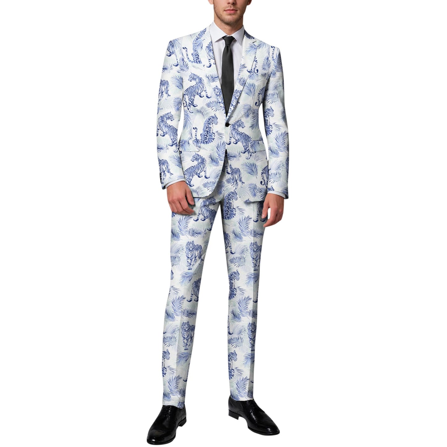BYBNOLL Men’s 2 Pieces Suit Pattern Printing Tuxedo Suit Set Notch Lapel Jacket Pants for Party Wedding Prom Blue White