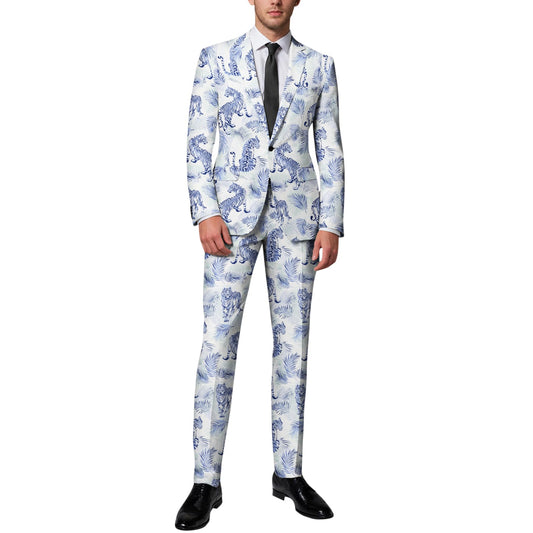 BYBNOLL Men’s 2 Pieces Suit Pattern Printing Tuxedo Suit Set Notch Lapel Jacket Pants for Party Wedding Prom Blue White