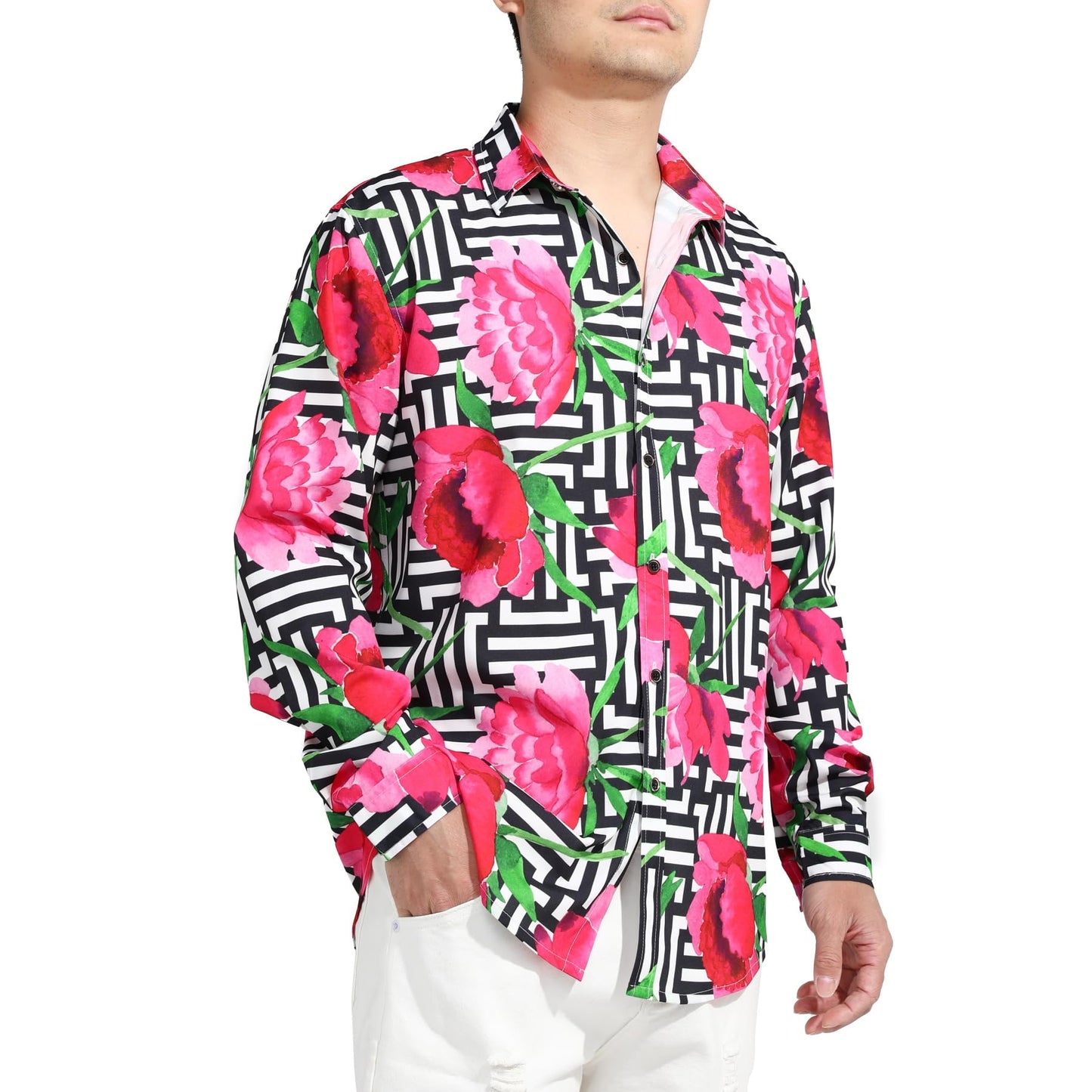 BYBNOLL Men's Casual Shirt Printed Long Sleeve Lapel Trendy Formal Business Comfortable Skin-Friendly Button Down Shirt Black Pink