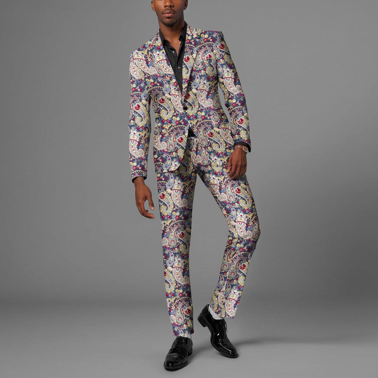 BYBNOLL Men’s 2 Pieces Suit Pattern Printing Tuxedo Suit Set Notch Lapel Jacket Pants for Party Wedding Prom Blue Red