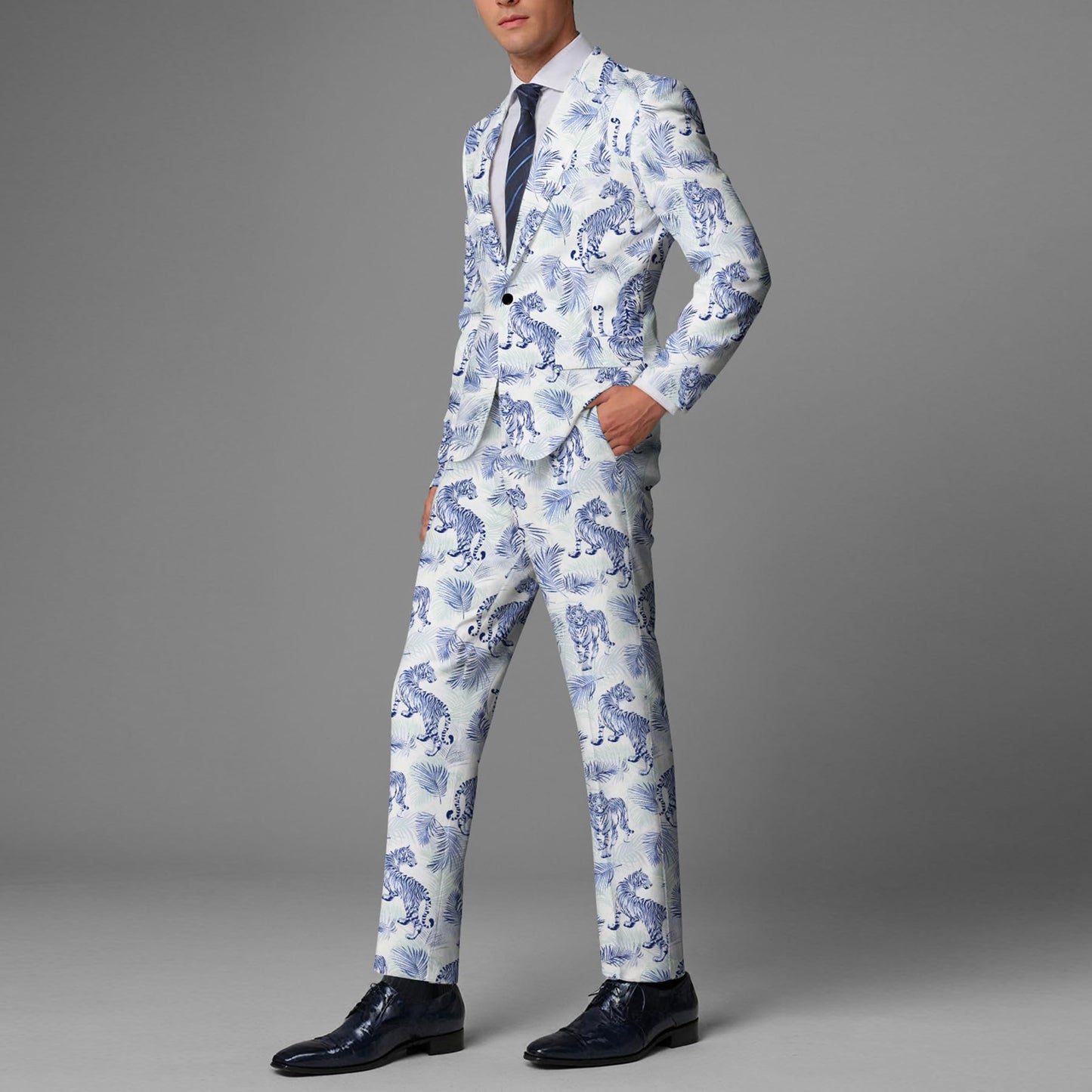 BYBNOLL Men’s 2 Pieces Suit Pattern Printing Tuxedo Suit Set Notch Lapel Jacket Pants for Party Wedding Prom Blue White